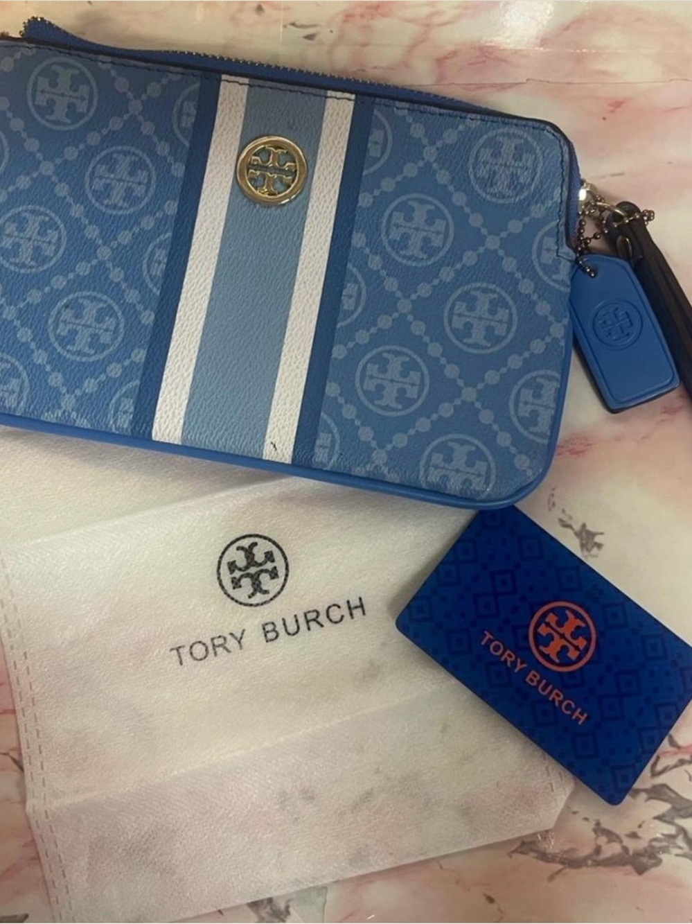 NWT Tory Burch Light Blue and White Logo Stripe Wristlet